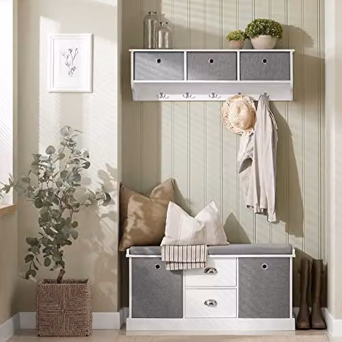 SoBuy FSR66-HG Shoe Storage Bench with 2 Drawers and 2 Baskets in Grey and White – 2