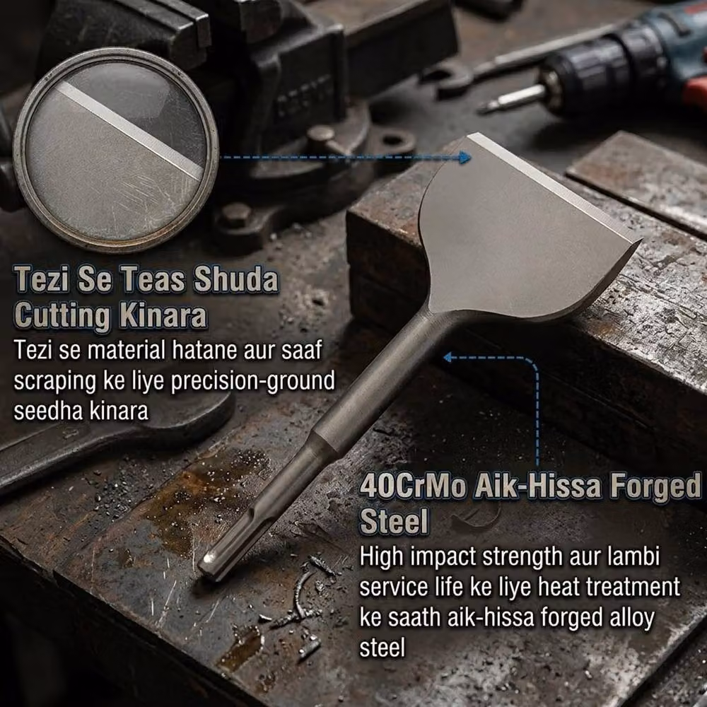 ATEK SDS Plus Chisel Set in Silver, featuring Pointed, Flat and Scraping Alloy Steel Bits for Rotary Hammer Drills – 3