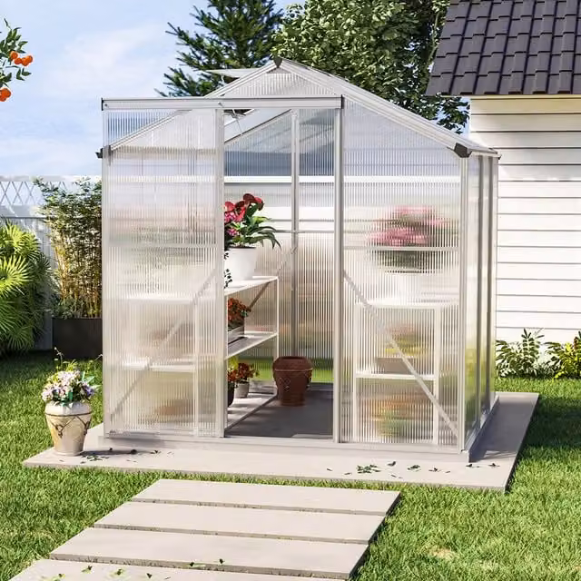 Livingandhome White Aluminium Framed Garden Greenhouse with Polycarbonate Panels and Vent W/D/H: 190 x 190 x 190 cm
