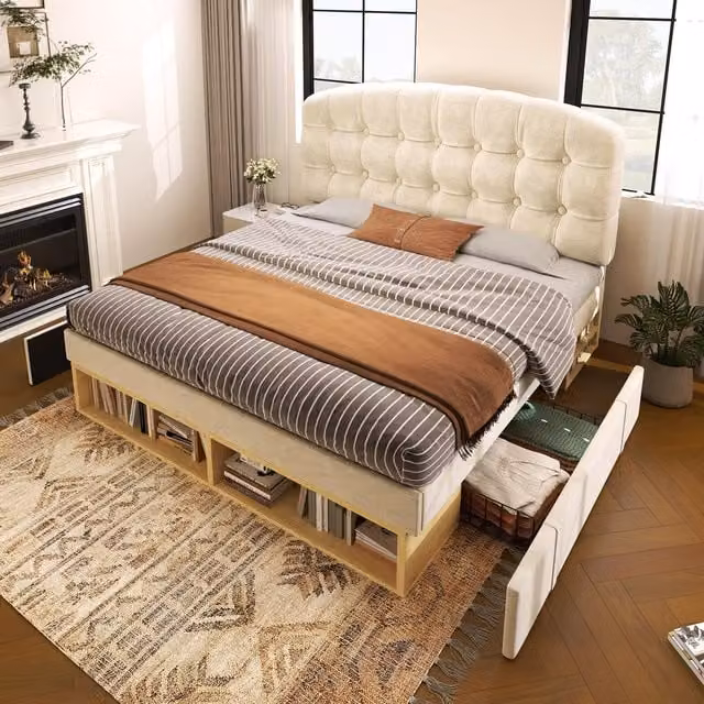 Aosom UK Beige Velvet Upholstered Single Bed with Storage Drawers and Button-Tufted Headboard, W/D/H: 101 x 198 x 120 cm