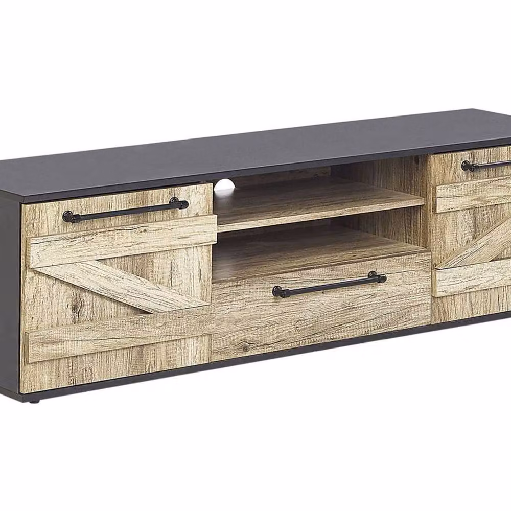 Wyld and Coco Barn Style TV Stand in Light Wood and Black with 2 Cabinets and Drawer, W: 150 cm, D: 40 cm, H: 43 cm – 2