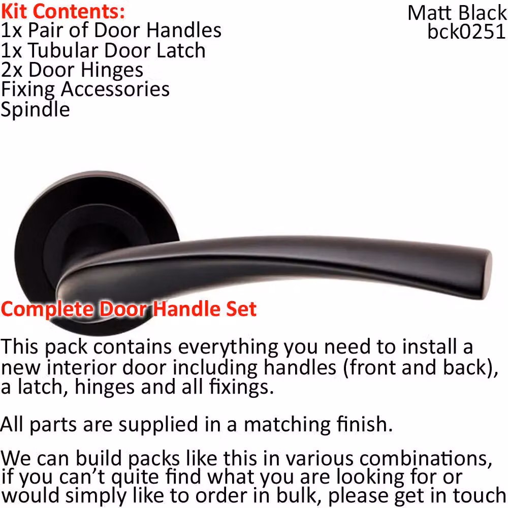 Loops Matt Black Twist Curved Lever Door Handle and Latch Pack with Screwless Round Rose – 2
