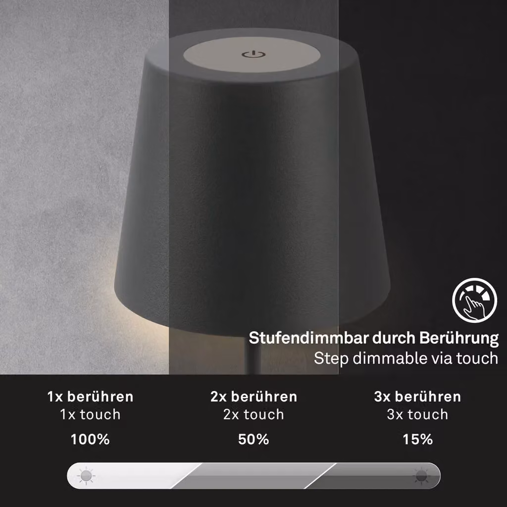BRILONER Rechargeable LED Table Lamp, Dimmable Touch Control, IP44 Waterproof, Warm White Light, Cordless Metal Lamp for Living Room and Bedroom, H 36 cm x W 10.5 cm, Anthracite/Black – 5