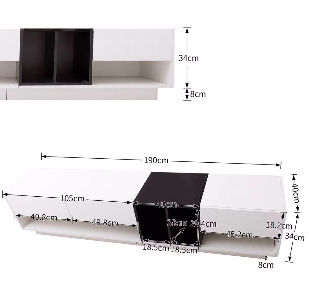 STILVORA Modern Glossy TV Cabinet with Drawers and Open Compartments in Black and White, W: 190.0 cm, D: 40.0 cm, H: 42.0 cm – 4