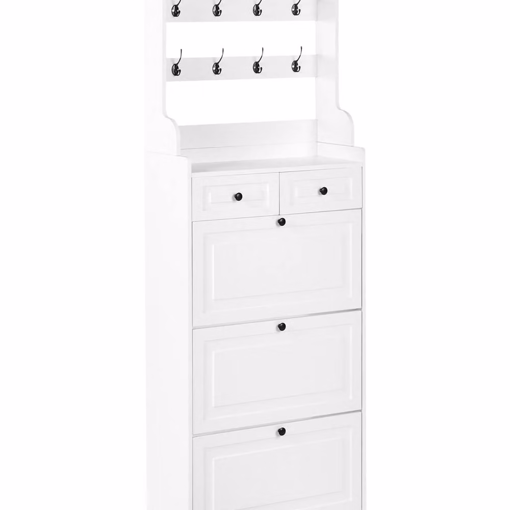 Wyld and Coco Modern White Wall Mounted Shoe Cabinet with Drawers and Open Shelf, W/D/H: 70 x 30 x 200 cm – 2