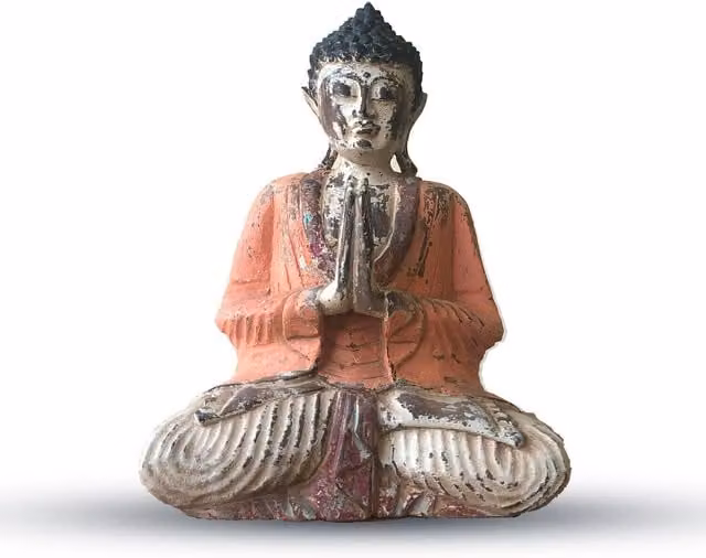 KDMK Vintage Hand Carved Orange Wooden Buddha Tabletop Statue, Height: 30 cm