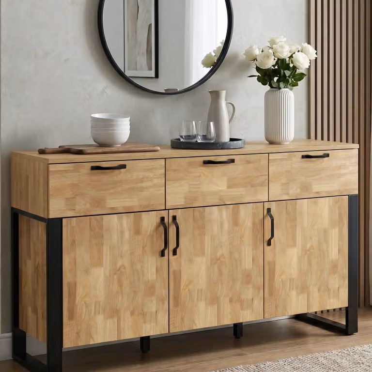 Ironmere Industrial Mango Wood Effect Sideboard Cabinet with 3 Doors and 3 Drawers in Brown and Black, W/D/H: 150 x 40 x 80 cm