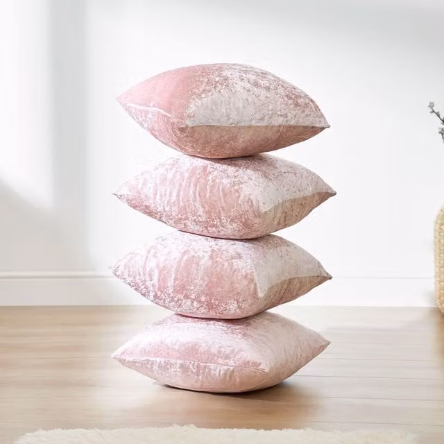 OHS Set of 4 Luxury Crushed Velvet Square Filled Cushions with Removable Washable Covers in Pink