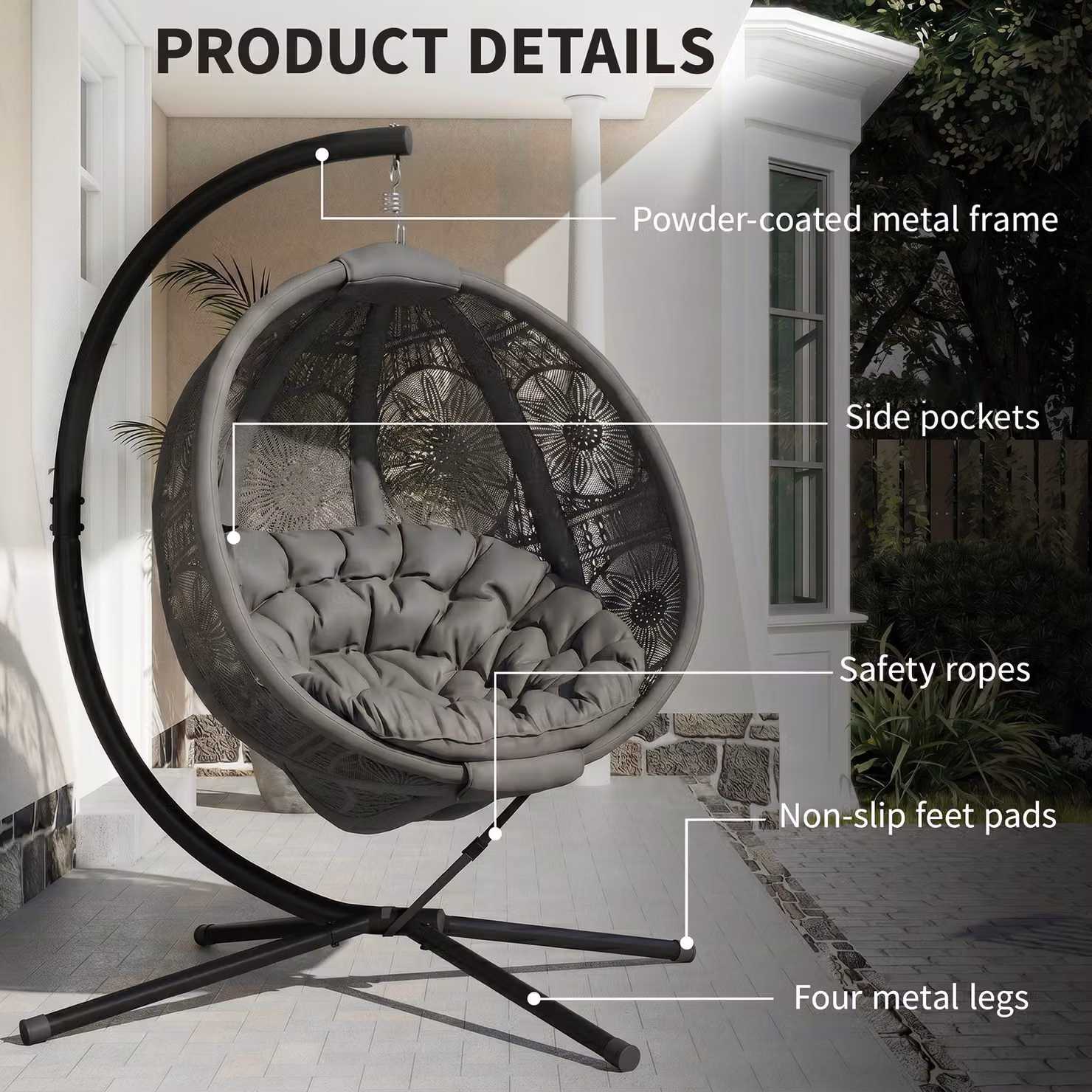 Outsunny Round Egg Basket Lounge Chair with Steel Stand and Cushions, Charcoal Grey – 6