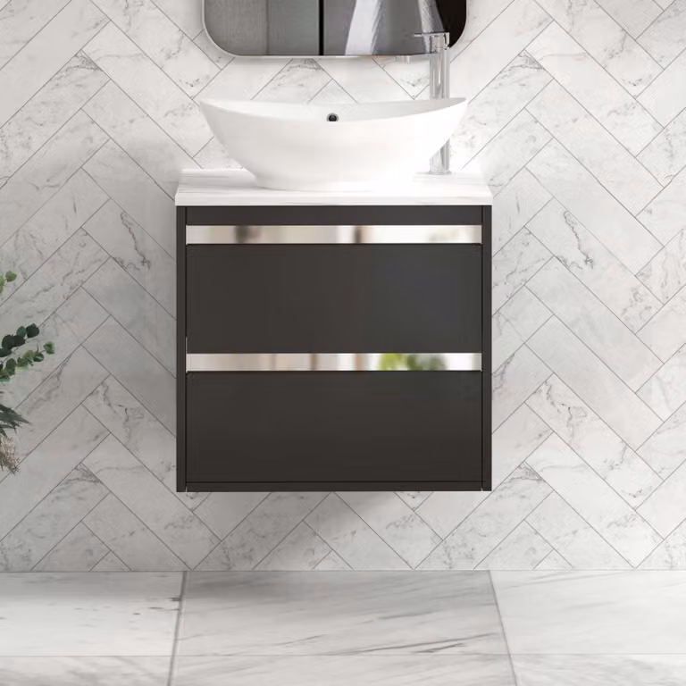 Royal Bathrooms Orion 800mm Matt Obsidian Black Wall Hung 2 Drawer Vanity Unit with Amaze Basin and Chrome Accent Trim
