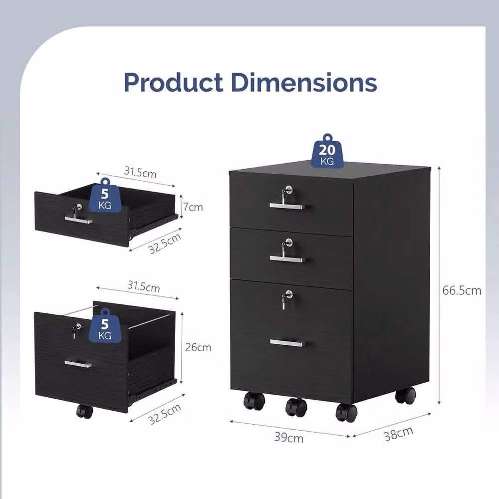 KORVIXA 3 Drawer Rolling File Cabinet in Black with Lock and Castors – 2