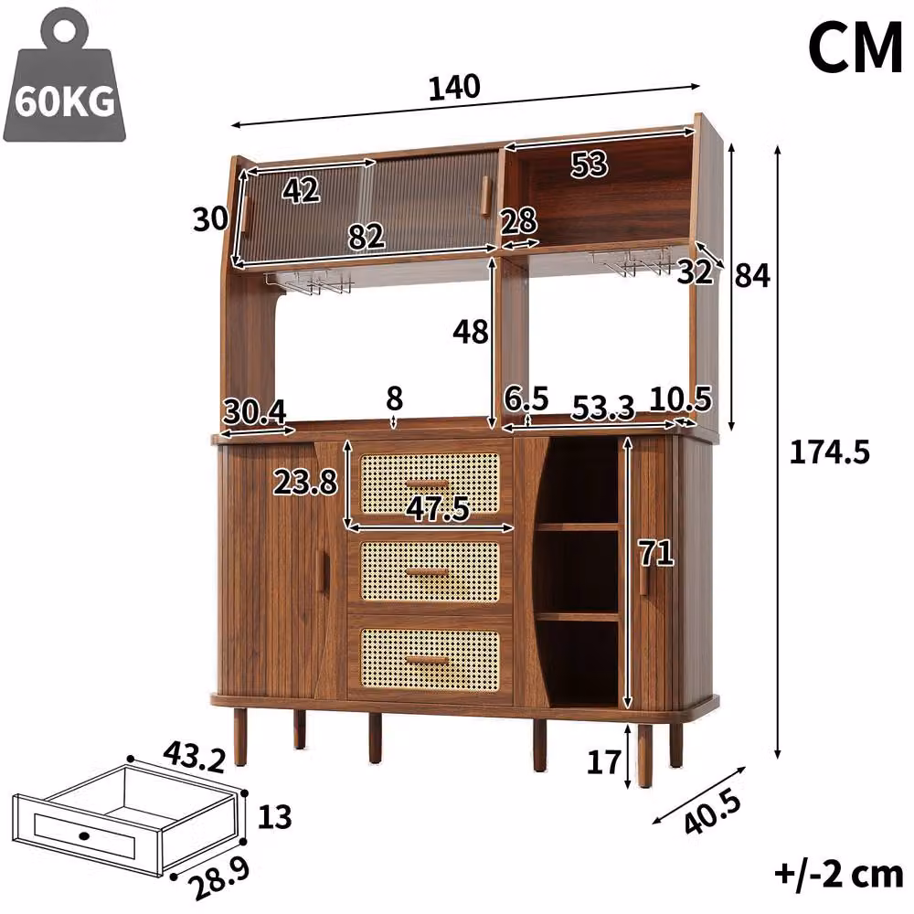 ModernLuxe Brown Vintage Kitchen Tall Unit with Sliding Glass Doors and Internal Drawers H 174.5 x W 40.5 x D 59.4 cm – 2