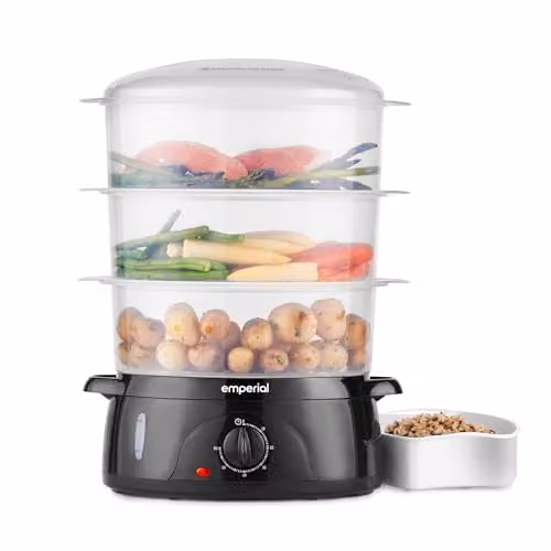 Emperial 3 Tier Electric Food Steamer, 9L Black Vegetable Steamer with 3 BPA Free Removable Baskets and Rice Bowl, 800W – 1