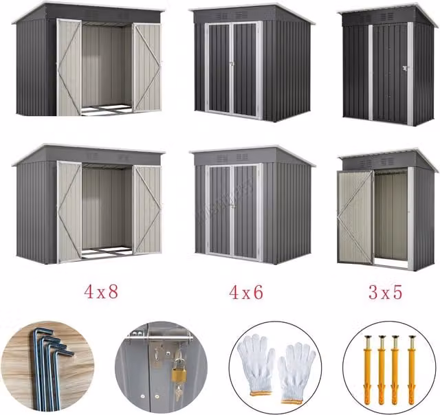 BIRCHTREE Metal Pent Garden Shed with Double Doors in Green and White