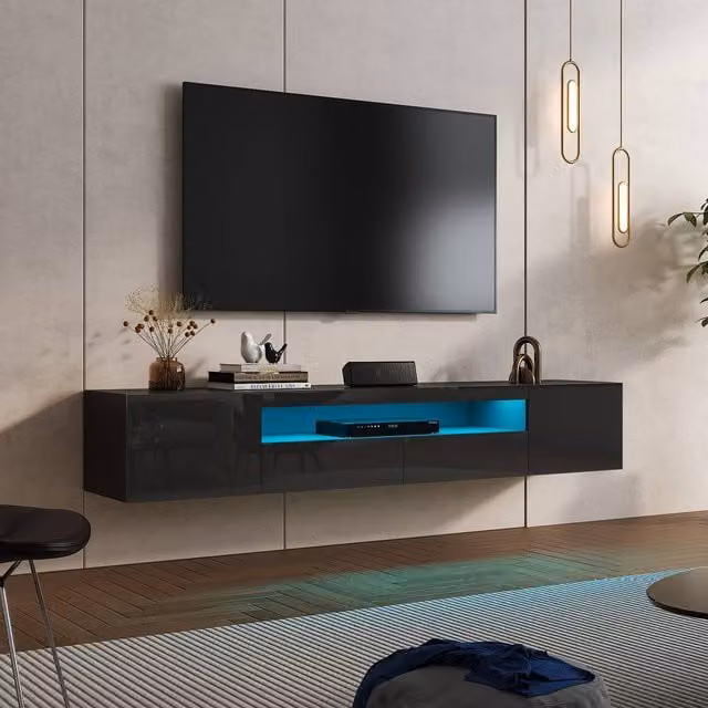 KEEPREAPER Sleek Floating TV Stand with LED Light and Storage Cabinet for 55-80 inch TVs in Black Glossy Finish