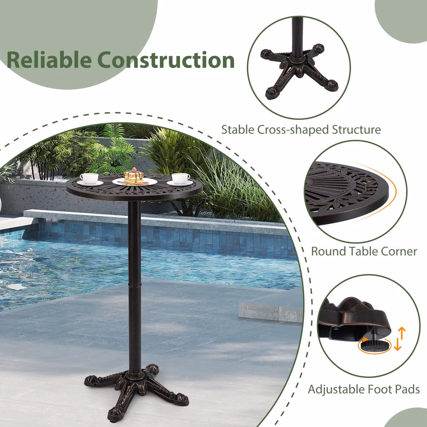 Gymax Round Patio Bar Table in Light Bronze, Cast Aluminium High Top Table, Diameter: 61 cm, Height: 105 cm – 6