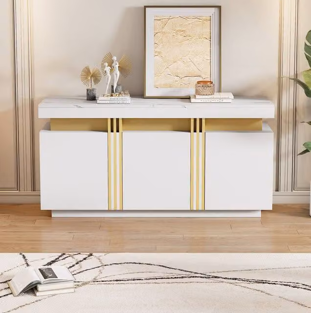 STILVORA Modern White and Gold Sideboard with 3 Doors and Adjustable Shelves, W: 140 cm, H: 70 cm, D: 38 cm