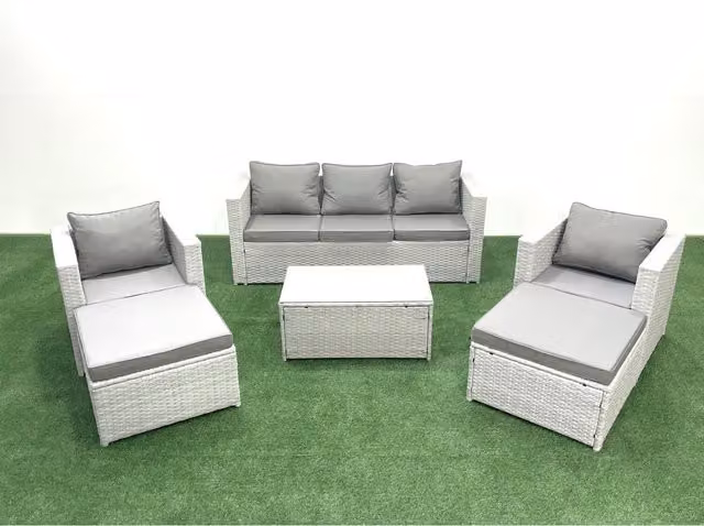 Fimous 7-Seater Rattan Garden Set in Grey with 3-Seater Sofa, Armchairs, Ottoman and Glass Coffee Table