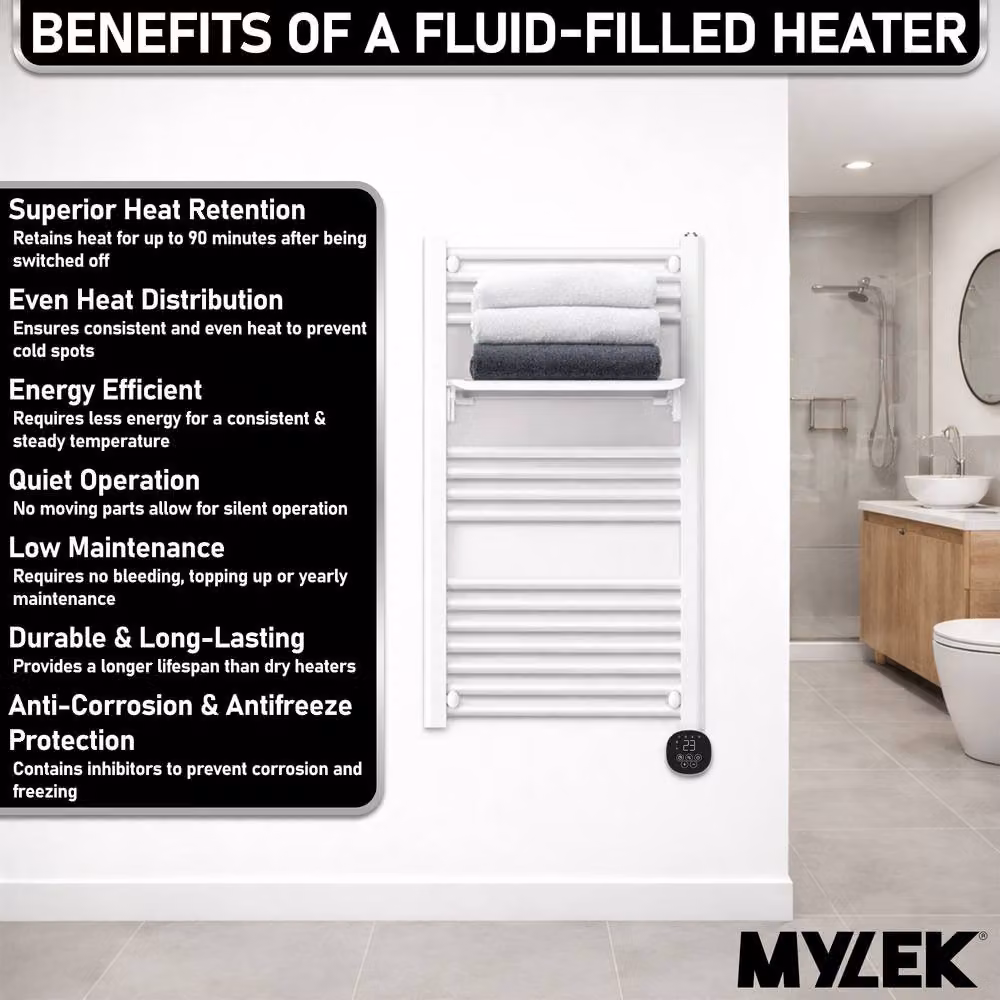 MYLEK Smart Electric Towel Rail Radiator with Shelf, 500W, White, WiFi and App Control – 2