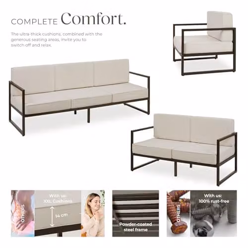 tectake Minimalist Garden Furniture Set with Powder Coated Steel Frames, Including 1 x 3-Seater Sofa, 1 x 2-Seater Sofa, 1 x Lounge Armchair and Upholstered Foam Cushions with Removable Covers – 4