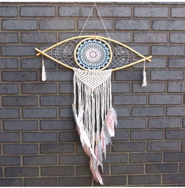 KDMD Large Boho Macrame Dream Catcher with Evil Eye in Blue, White and Pink