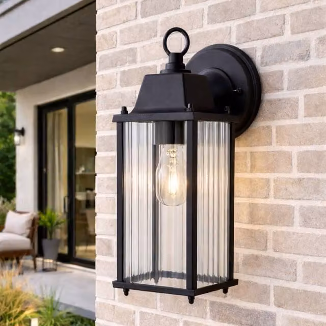 CGC Lighting Santiago Black Coach Lantern Wall Light with Transparent Ribbed Glass