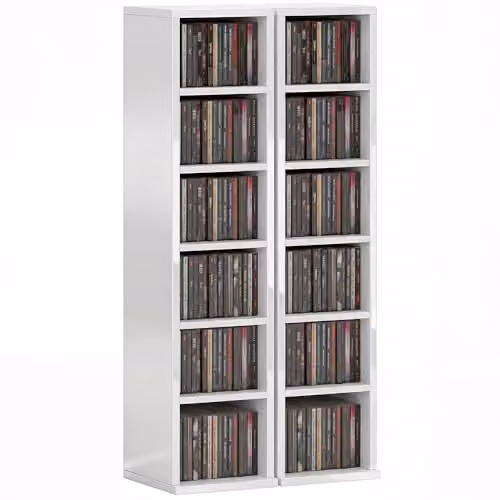 HOMCOM Set of 2 High Gloss White CD and DVD Storage Tower Racks with Adjustable Shelves – 1