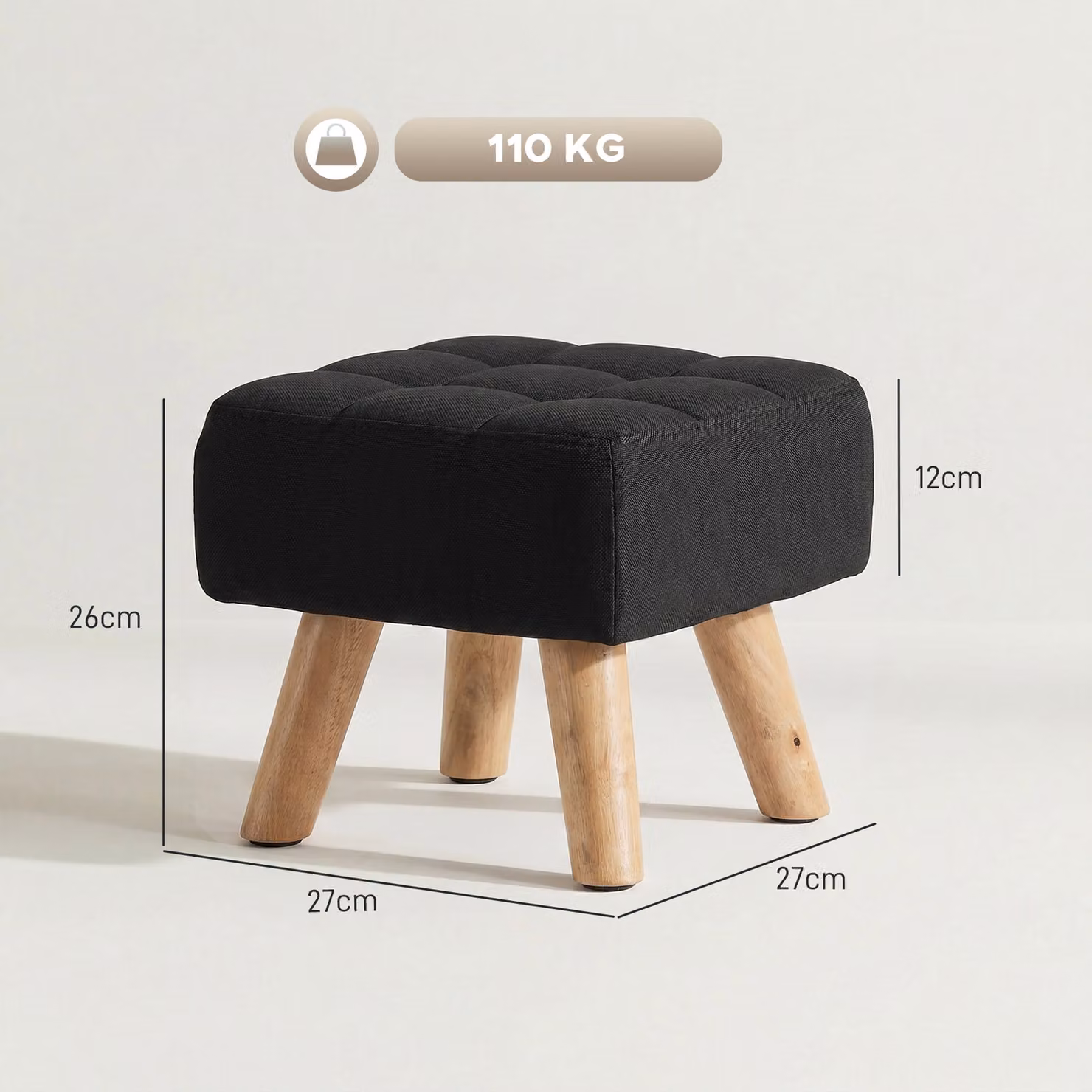 HOMCOM Black Linen-Look Square Padded Footstool – 3