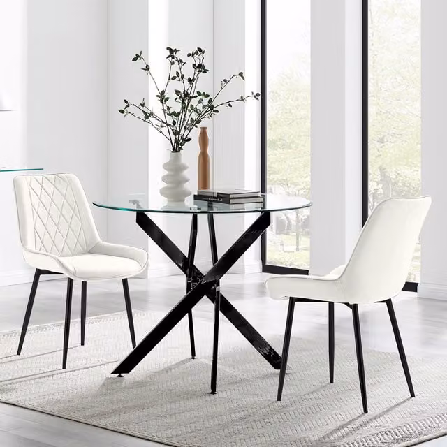 FurnitureboxUK Novara Round Glass Kitchen Dining Table with 2 Pesaro Black Leg Chairs, Cream