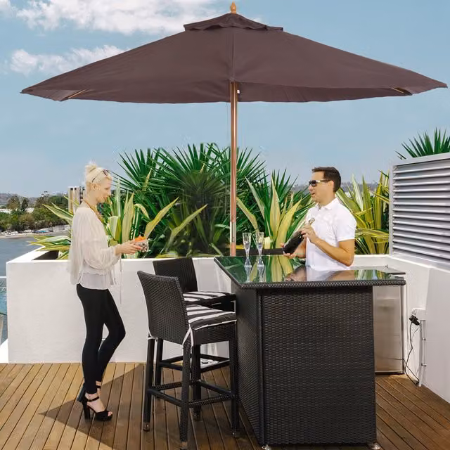 Outsunny Brown Wooden Garden Parasol with Central Pole, 2.5 m