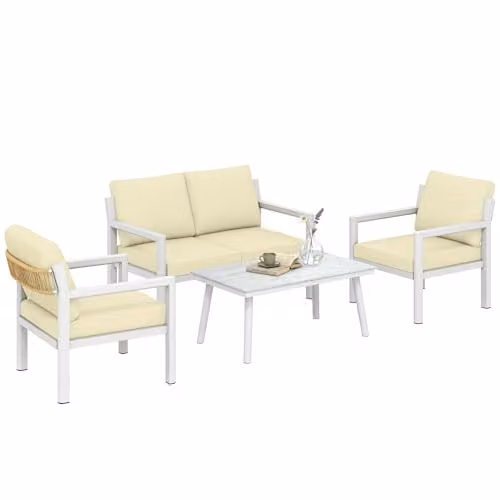 Outsunny 4 Seater Rattan Garden Furniture Set with Cushions in Beige and White – 1
