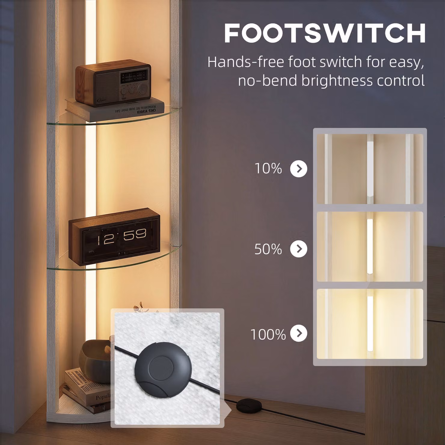 HOMCOM Dimmable LED Floor Lamp with Shelves and Foot Switch, Grey – 5