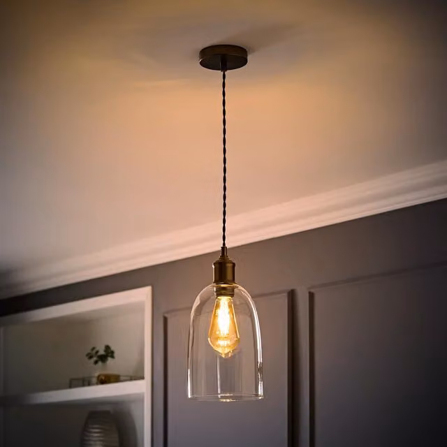 Kira Glass Cloche Single Ceiling Pendant Light in Brushed Brass with Transparent Glass, Diameter: 11 cm