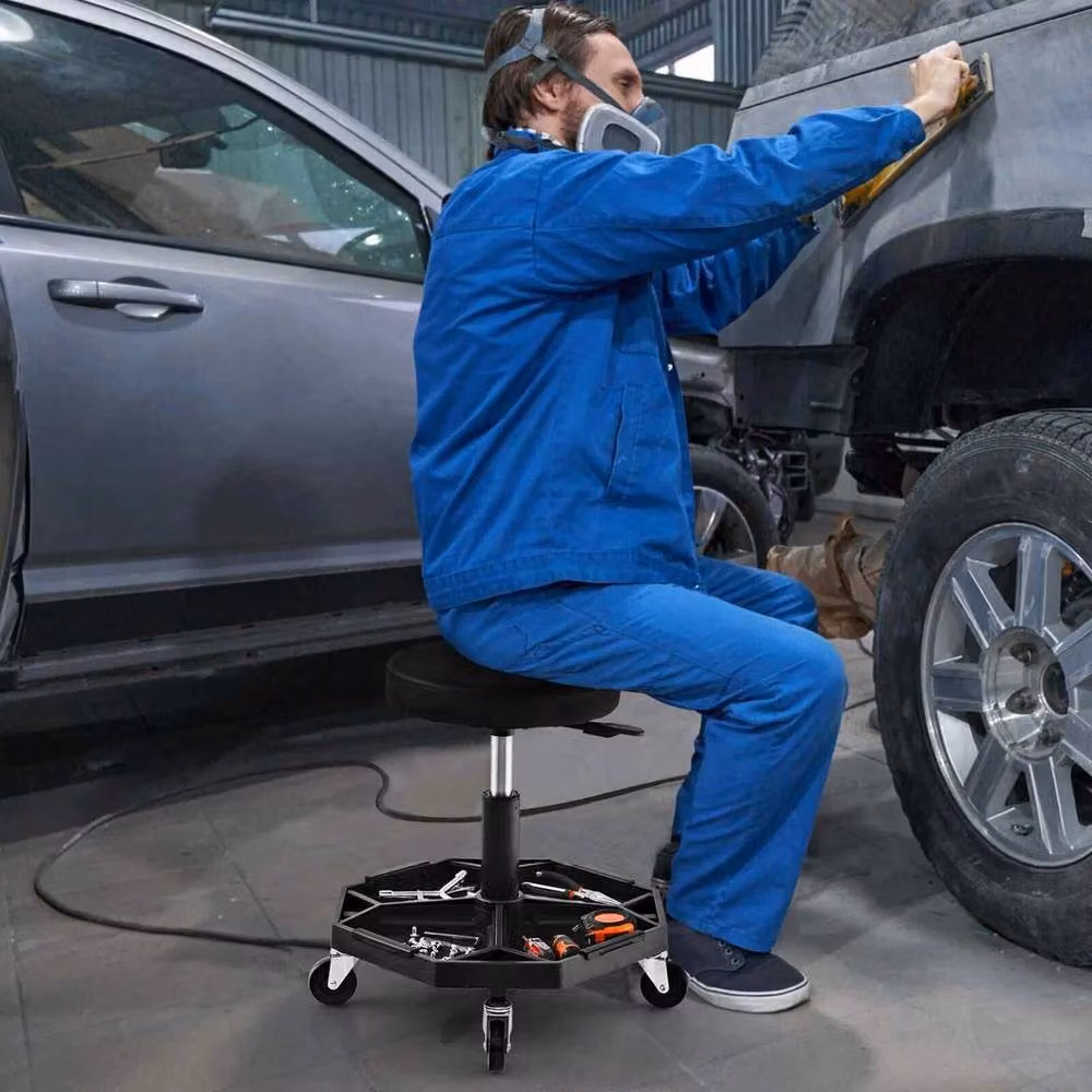 FORGEVIO Black Pneumatic Rolling Mechanic Stool with Synthetic Leather Seat and Castors – 3