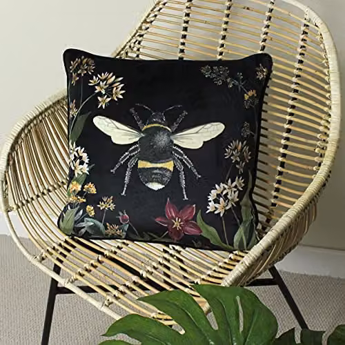 Evans Lichfield Midnight Garden Bee Printed Velvet Cushion in Black and Multicolour, W/D/H: 43 x 43 x 43 cm – 4