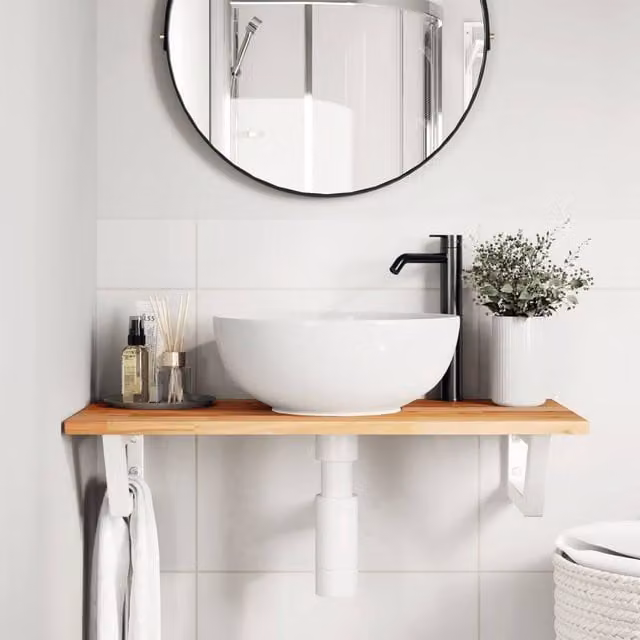 Berkfield Home Elegant Wall Mounted Basin Shelf in Brown Acacia Wood and Steel – 1