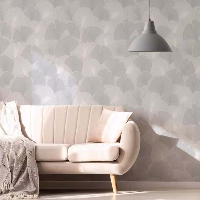 Superfresco Silver Ginko Leaves Botanical Floral Wallpaper in Grey and Silver Matt Finish