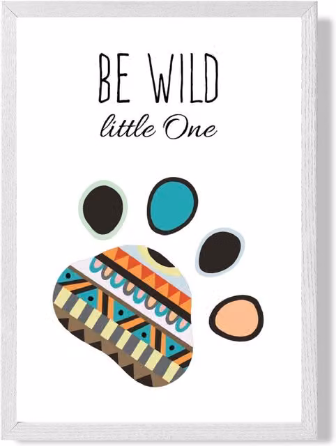 ARTZE Be Wild Paw Print Tribal Quote Framed Print in Bright Blue with White Frame, A2