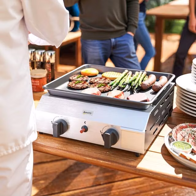 Outsunny Tabletop Gas BBQ Grill with Non-Stick Griddle, Silver