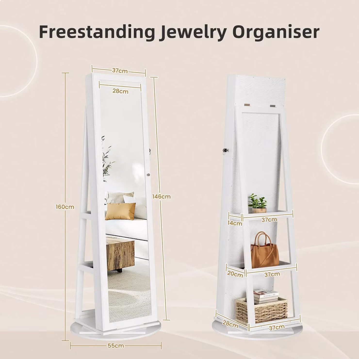 Dprodo 360 Degree Swivel Mirror Jewellery Cabinet in White, H 160 x W 55 x D 55 cm – 3