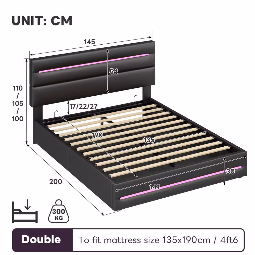 Merax Faux Leather Upholstered Ottoman Bed in Black with LED Lighting and USB Charging Port, W/D/H: 180 x 200 cm – 6