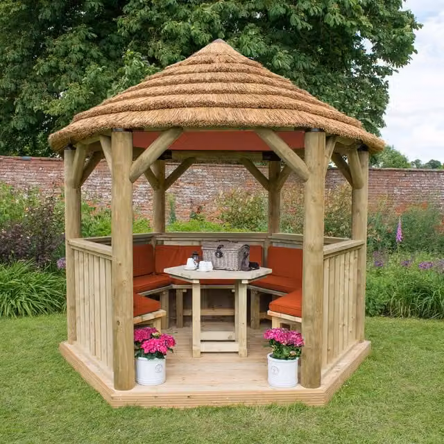 Red Hexagonal Garden Gazebo with Rustic Pine Wood and Thatched Roof, 3 m Diameter