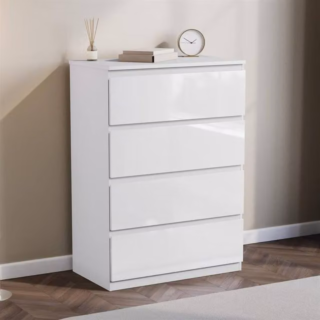 Kelvenix White Modern Gloss 4 Drawer Bedside Chest of Drawers – 1