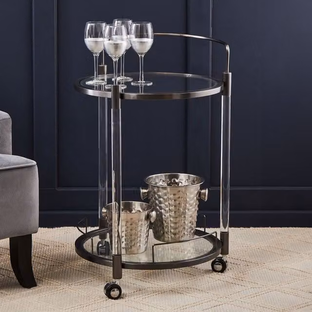 Orsina Mid-Century Round Drinks Trolley with Two Glass Shelves and Castors, Black, W/D/H: 50 x 50 x 80 cm – 1
