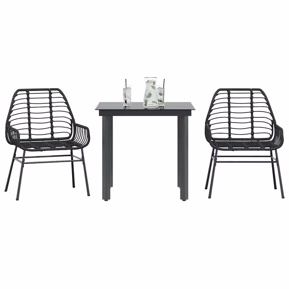 Berkfield Home Beautiful 3 Piece Black Poly Rattan and Glass Garden Dining Set – 2