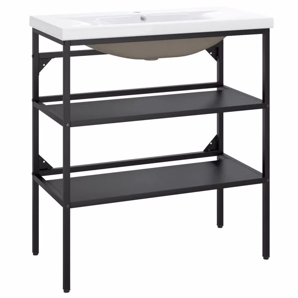 Berkfield Home Modern Bathroom Washbasin Frame with Built-in Ceramic Basin in Matt Black Metal – 2