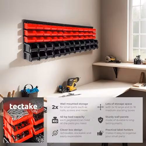 tectake 64 Piece Wall-Mounted Plastic Storage Organiser Set with 2 Pegboards and 62 Bins in Black and Red – 2