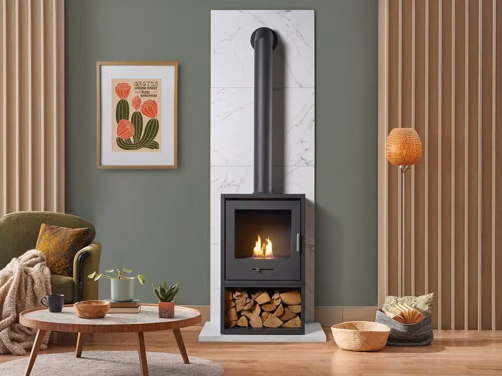 OKO Bio Ethanol Fire Tile Hearth in White Marble Effect with S3 Stove, Store and Extra Tall Pipe – 5