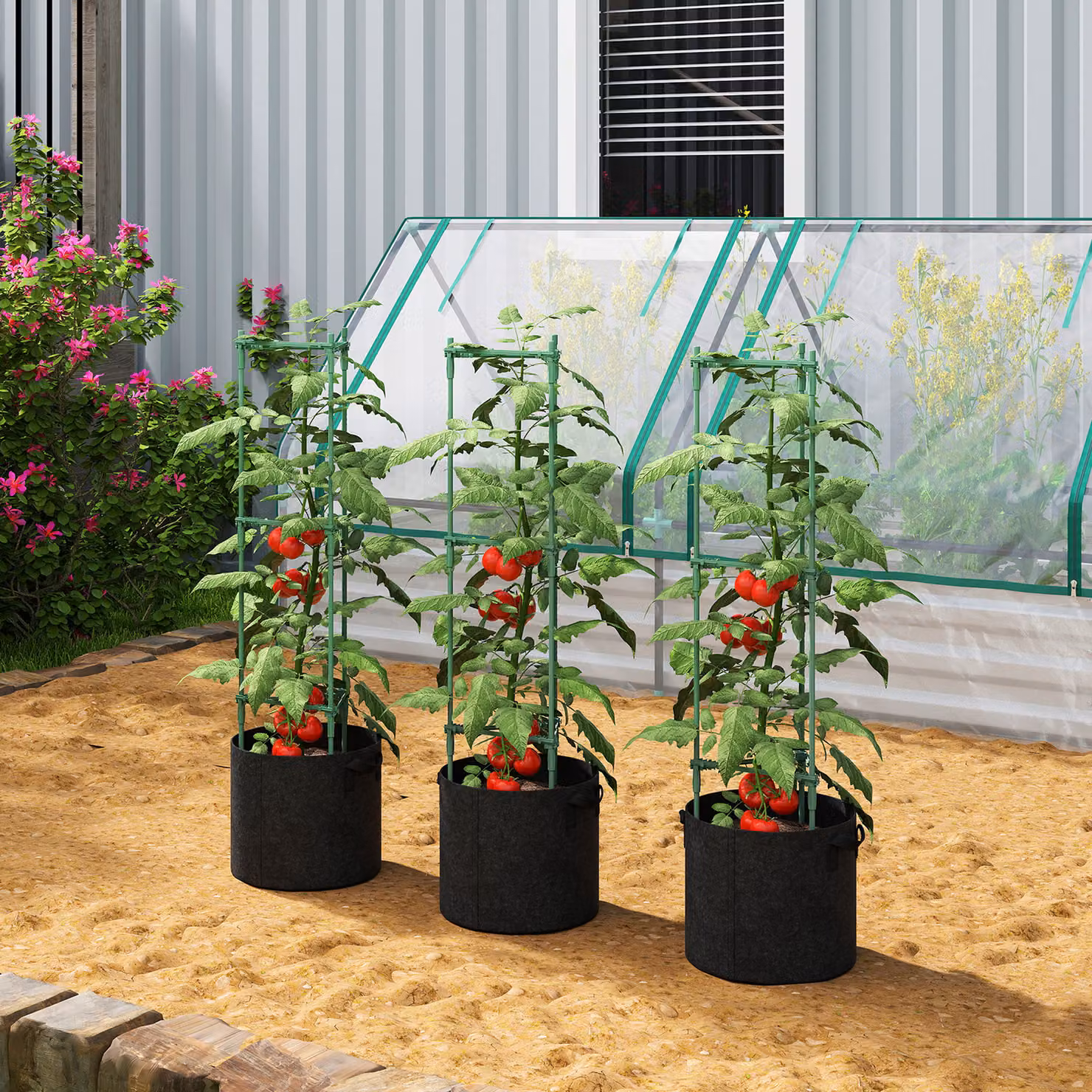 Outsunny 3 Pack Tomato Cages with 83.7L Grow Bags and 120cm Adjustable Triangle Plant Stakes Support Trellis – 2