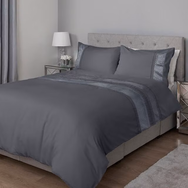 My Home Grey Charcoal Geo Velvet Striped Duvet Cover and Pillowcase Set, Double, W: 140 cm, L: 200 cm